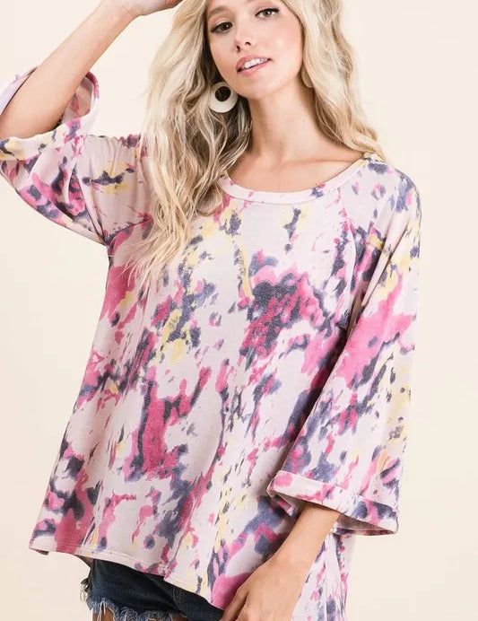 BIBI Tie Dye Print Terry A Line Top with Bell Sleeves on Simply Obsessed