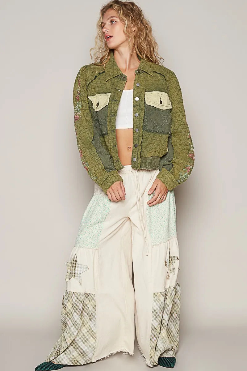 POL Embroidered Sleeve Raw Edge Quilted Jacket on Simply Obsessed