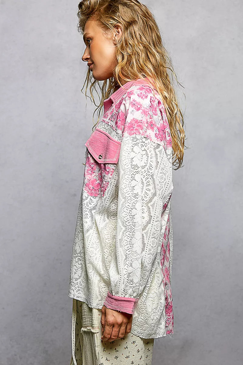 POL Floral Print Long Sleeve Lace Shirt with Front Pocket on Simply Obsessed