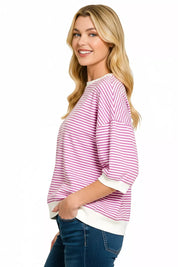ZENANA Striped Contrast Trim Banded Bottom Top on Simply Obsessed