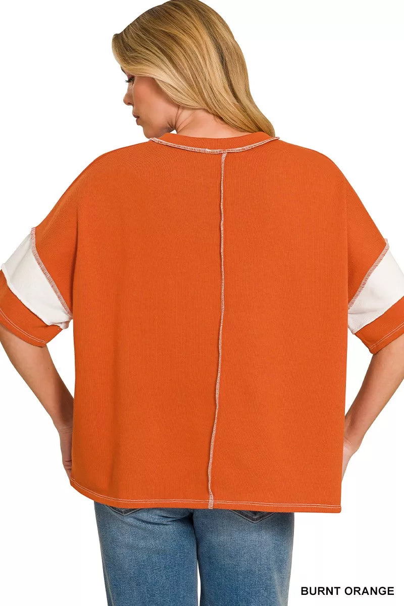 ZENANA French Terry Striped Exposed Seam Top on Simply Obsessed