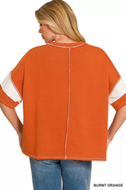 ZENANA French Terry Striped Exposed Seam Top on Simply Obsessed