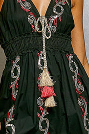 POL Embroidered Detail Tassel Tie Smocked Waist Midi Tiered Cami Dress on Simply Obsessed