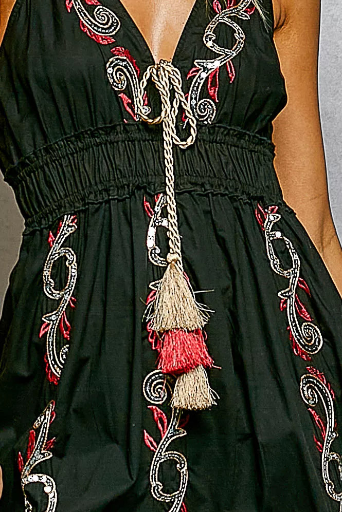 POL Embroidered Detail Tassel Tie Smocked Waist Midi Tiered Cami Dress on Simply Obsessed