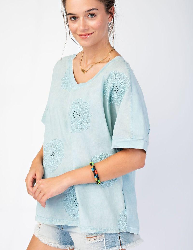 EASEL Floral V-Neck Hi-Lo Top - BLUE on Simply Obsessed
