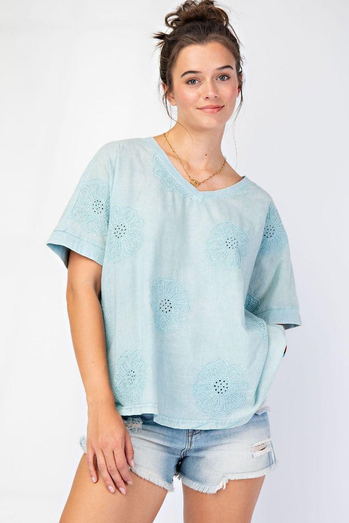 EASEL Floral V-Neck Hi-Lo Top - BLUE on Simply Obsessed