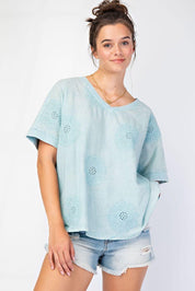 EASEL Floral V-Neck Hi-Lo Top - BLUE on Simply Obsessed