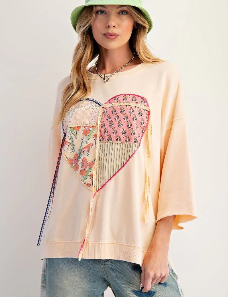 EASEL Mineral Washed Heart Patch Top - PEACH on Simply Obsessed