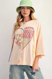 EASEL Mineral Washed Heart Patch Top - PEACH on Simply Obsessed
