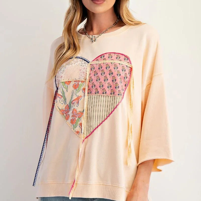 EASEL Mineral Washed Heart Patch Top - PEACH on Simply Obsessed