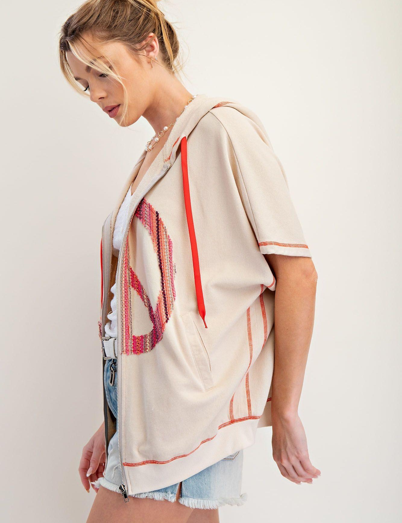 EASEL Peace Patch Candy Terry Knit Zip-up Hoodie - ECRU on Simply Obsessed