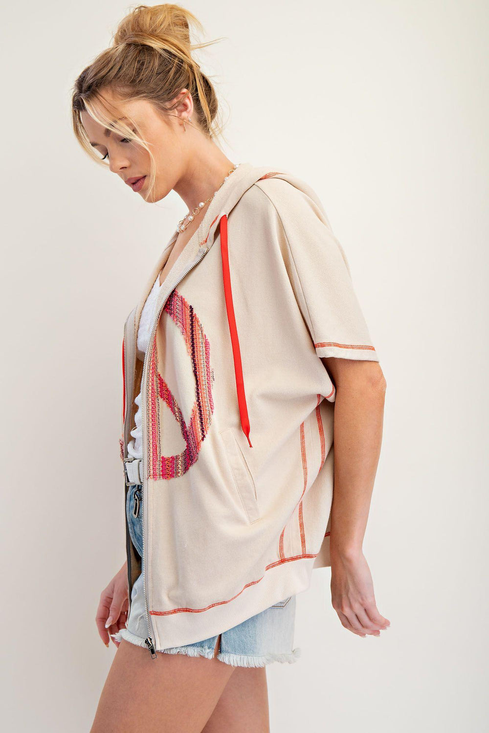 EASEL Peace Patch Candy Terry Knit Zip-up Hoodie - ECRU on Simply Obsessed