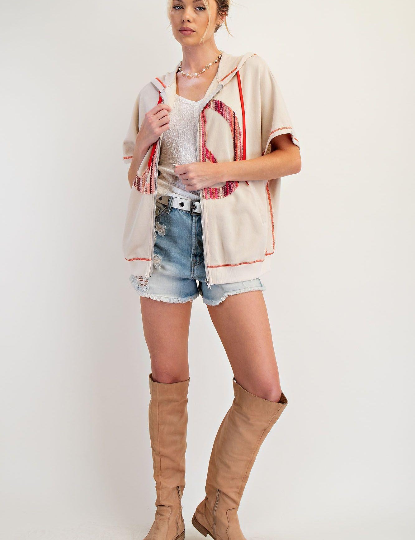 EASEL Peace Patch Candy Terry Knit Zip-up Hoodie - ECRU on Simply Obsessed