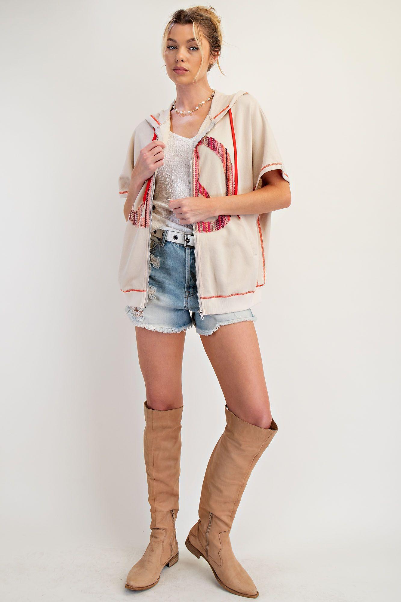 EASEL Peace Patch Candy Terry Knit Zip-up Hoodie - ECRU on Simply Obsessed