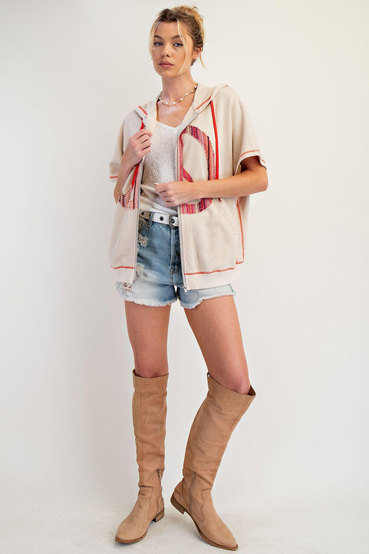 EASEL Peace Patch Candy Terry Knit Zip-up Hoodie - ECRU on Simply Obsessed