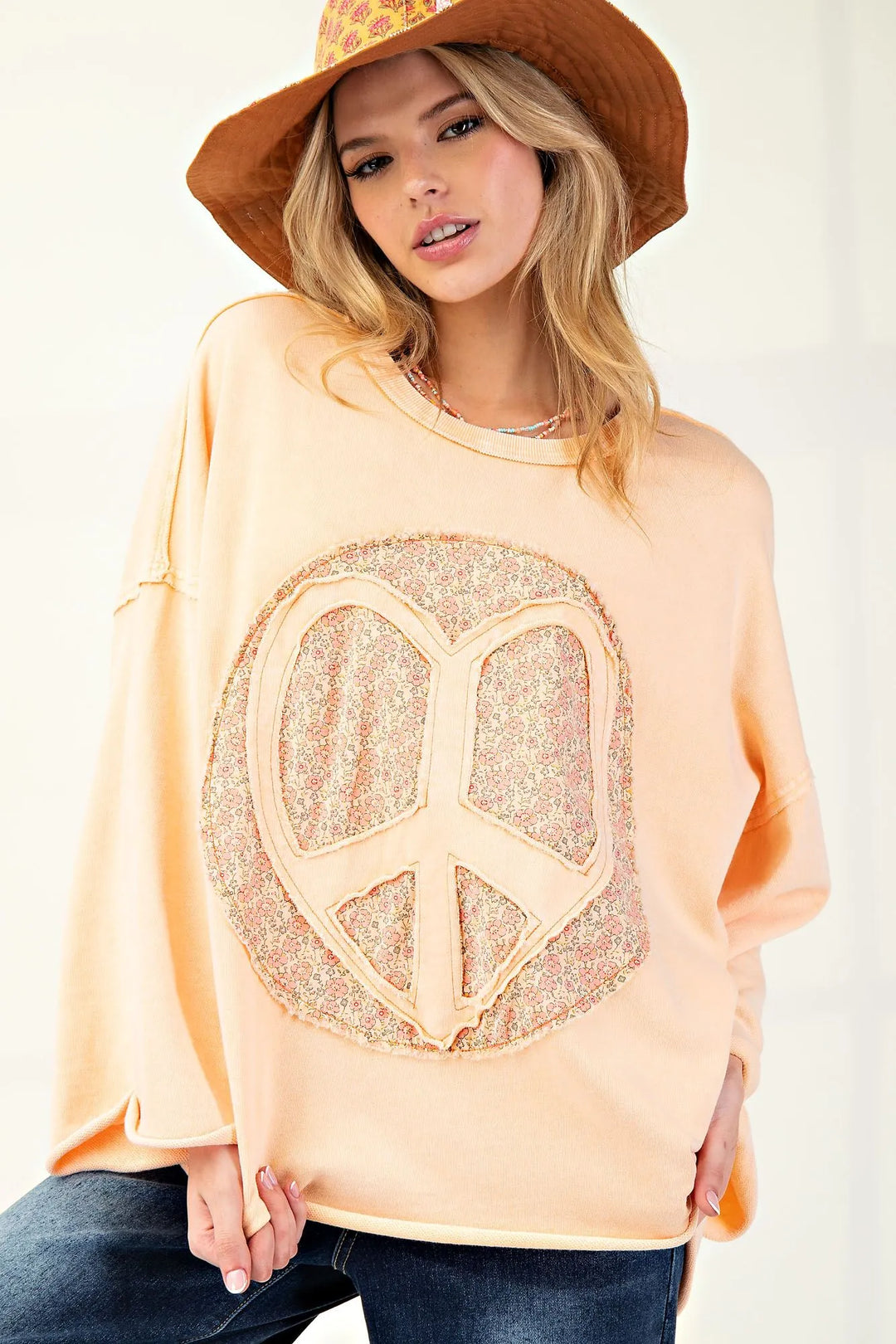 EASEL Peace Sign Mineral Wash Terry Knit Top - CANTALOUPE on Simply Obsessed
