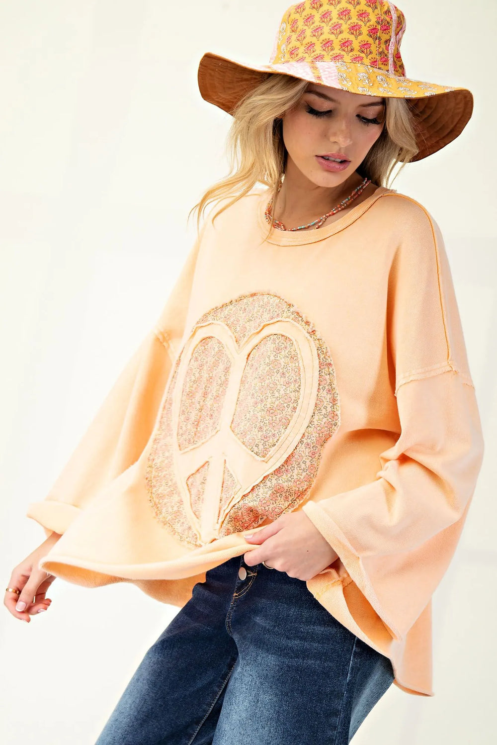 EASEL Peace Sign Mineral Wash Terry Knit Top - CANTALOUPE on Simply Obsessed