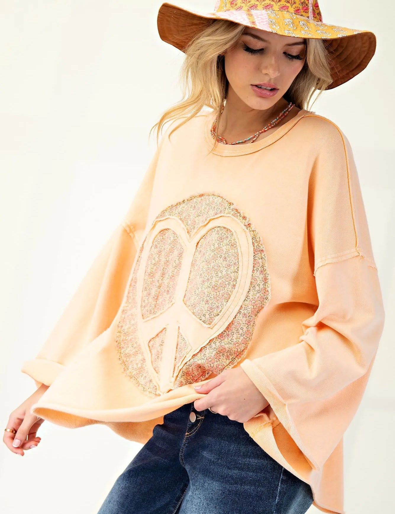 EASEL Peace Sign Mineral Wash Terry Knit Top - CANTALOUPE on Simply Obsessed