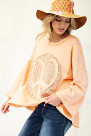 EASEL Peace Sign Mineral Wash Terry Knit Top - CANTALOUPE on Simply Obsessed