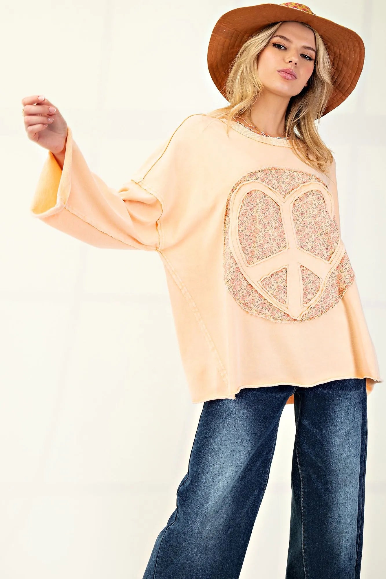 EASEL Peace Sign Mineral Wash Terry Knit Top - CANTALOUPE on Simply Obsessed