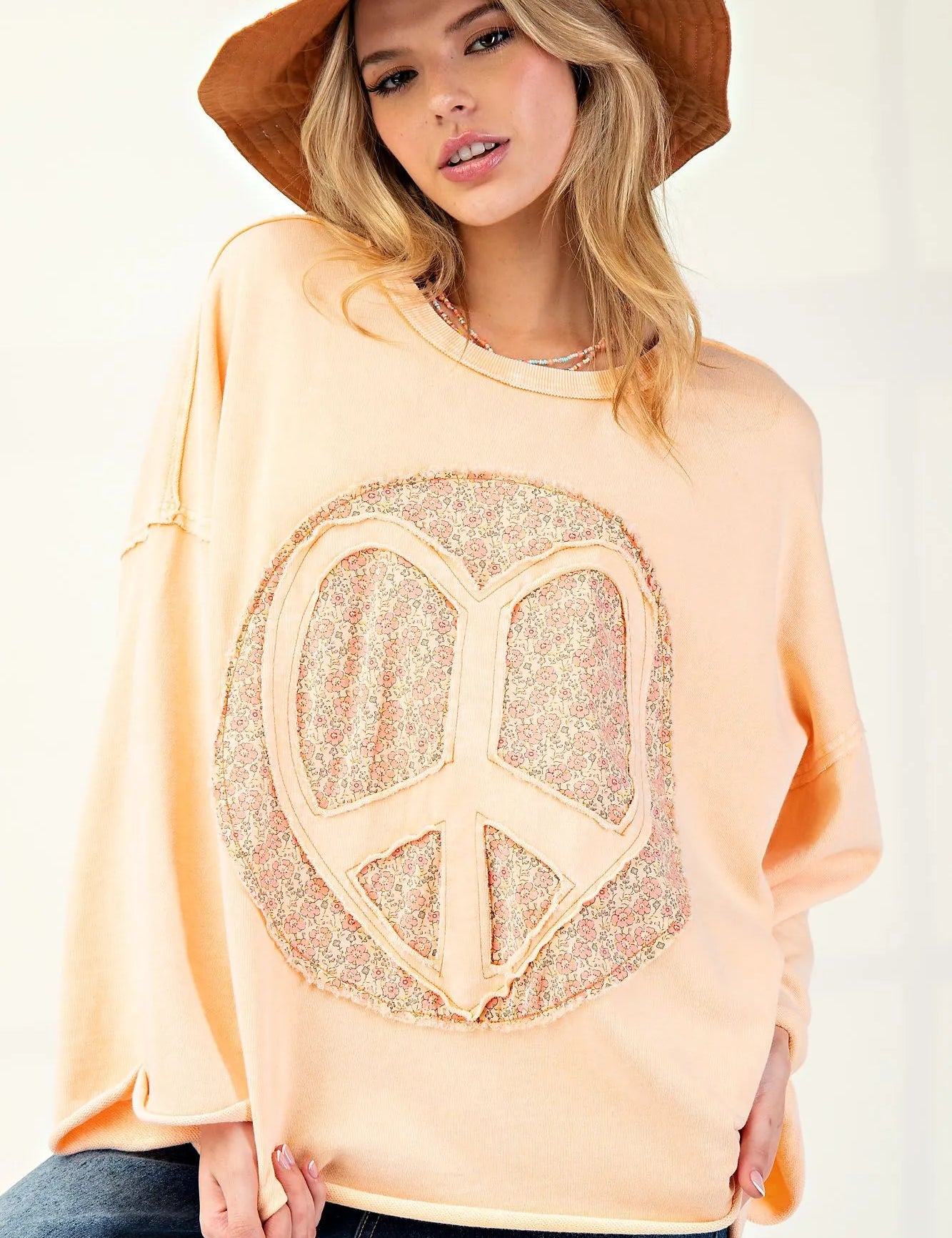 EASEL Peace Sign Mineral Wash Terry Knit Top - CANTALOUPE on Simply Obsessed
