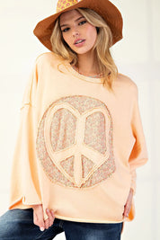 EASEL Peace Sign Mineral Wash Terry Knit Top - CANTALOUPE on Simply Obsessed