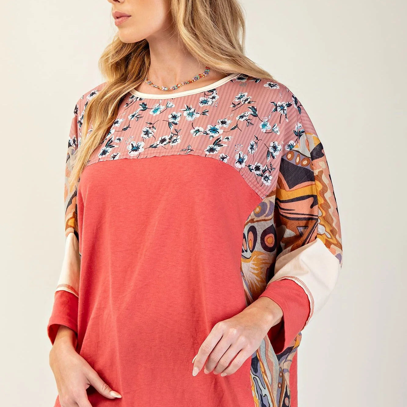 EASEL Print Mix Cotton Jersey Top - RED TART on Simply Obsessed