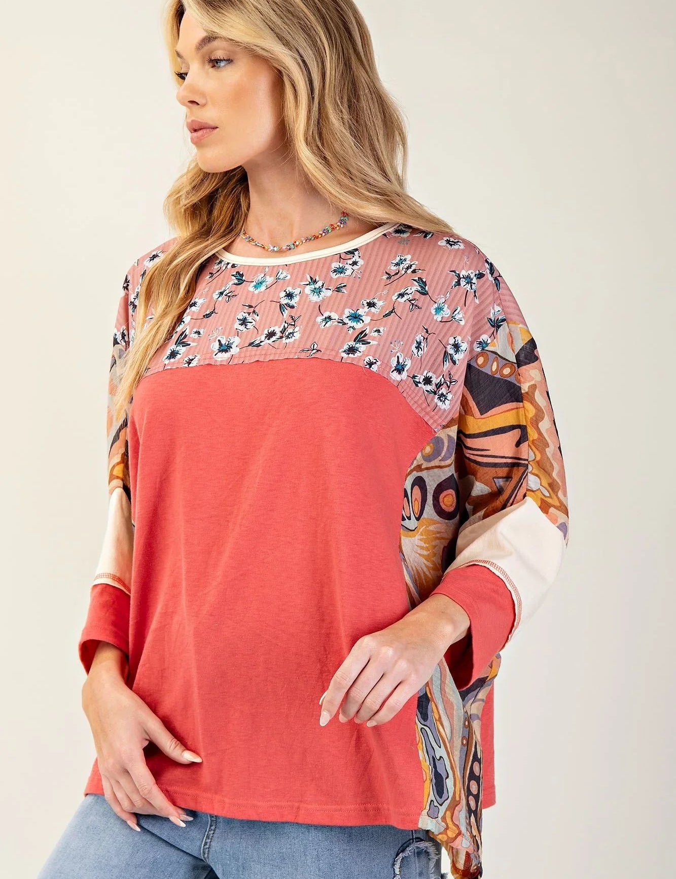 EASEL Print Mix Cotton Jersey Top - RED TART on Simply Obsessed