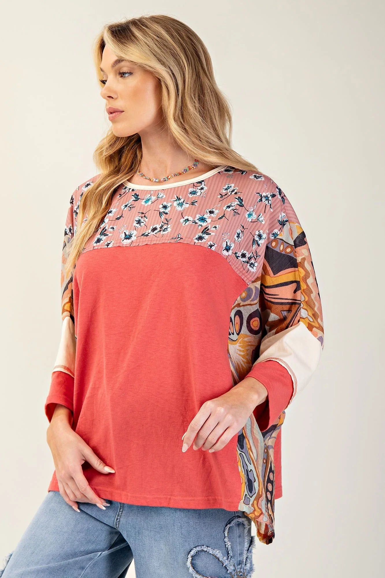 EASEL Print Mix Cotton Jersey Top - RED TART on Simply Obsessed