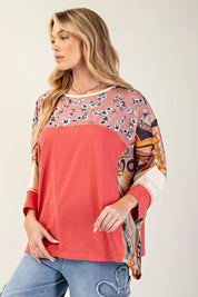 EASEL Print Mix Cotton Jersey Top - RED TART on Simply Obsessed