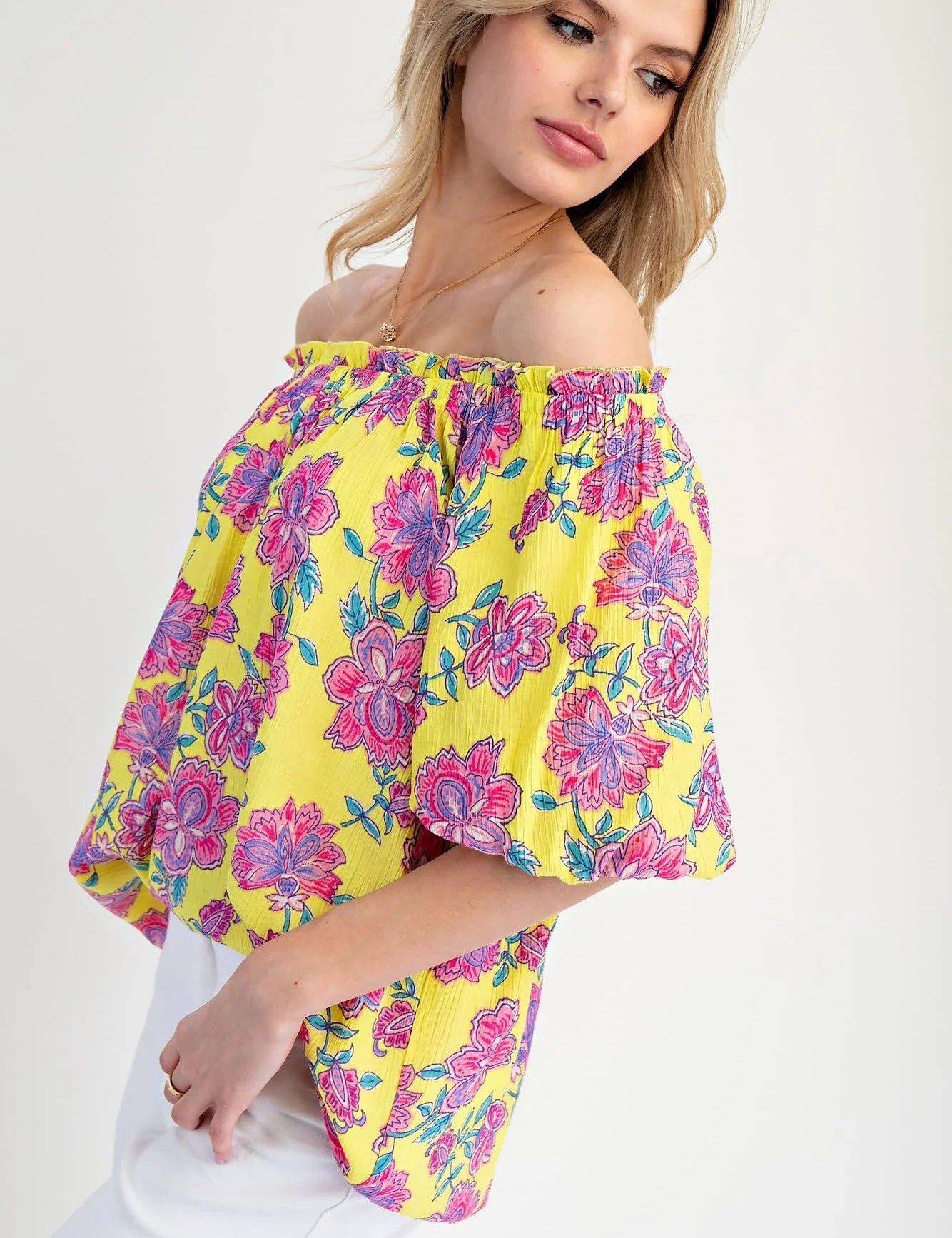 EASEL Printed Peach Blossom Woven Top - LEMON on Simply Obsessed