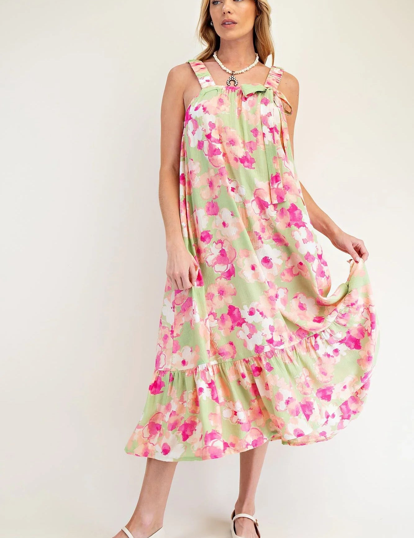 EASEL Printed Woven Peach Blossom Dress - SAGE on Simply Obsessed