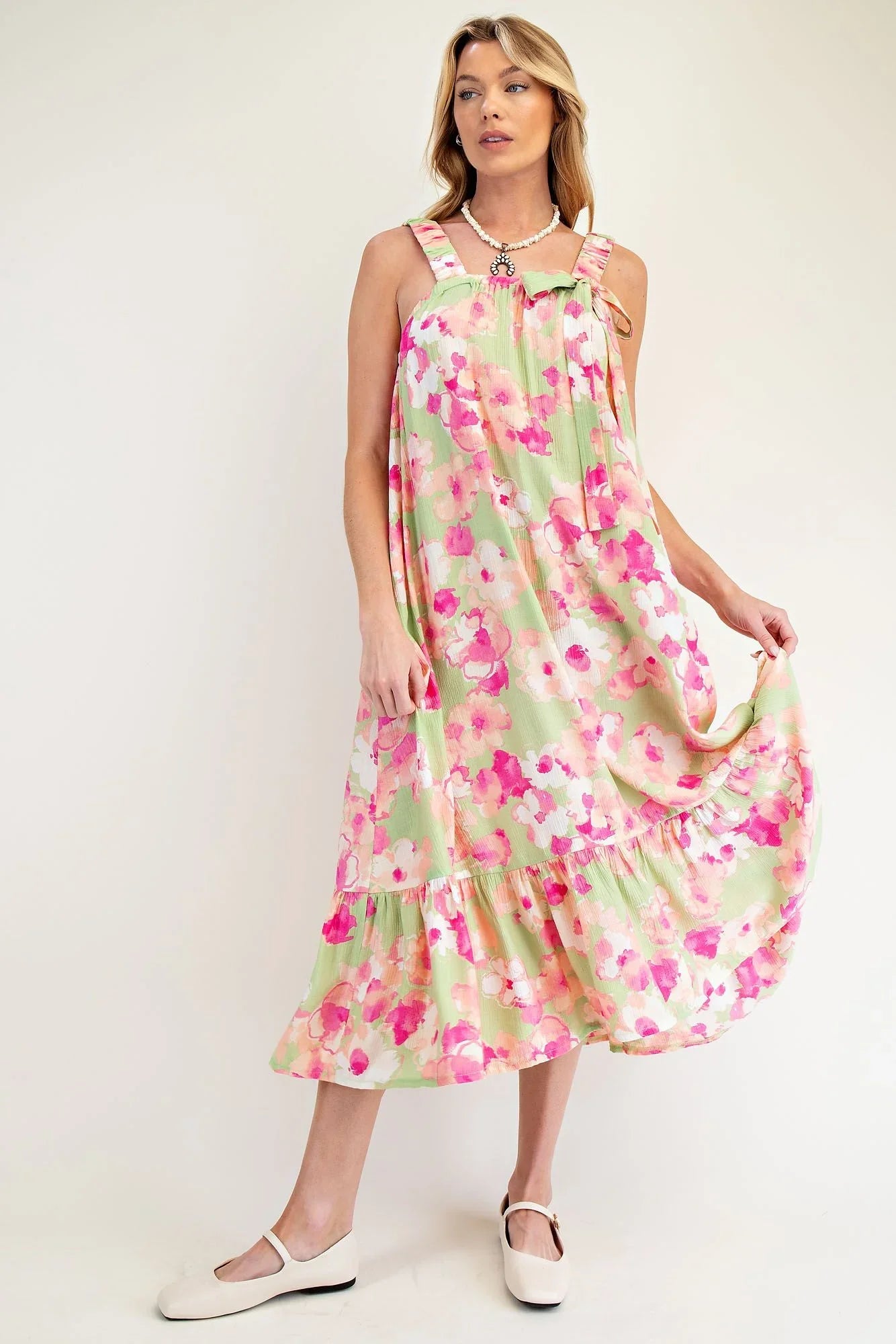 EASEL Printed Woven Peach Blossom Dress - SAGE on Simply Obsessed