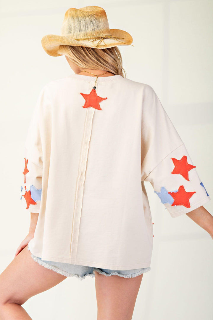 EASEL Red/Blue Star Patchwork Pullover - NATURAL on Simply Obsessed