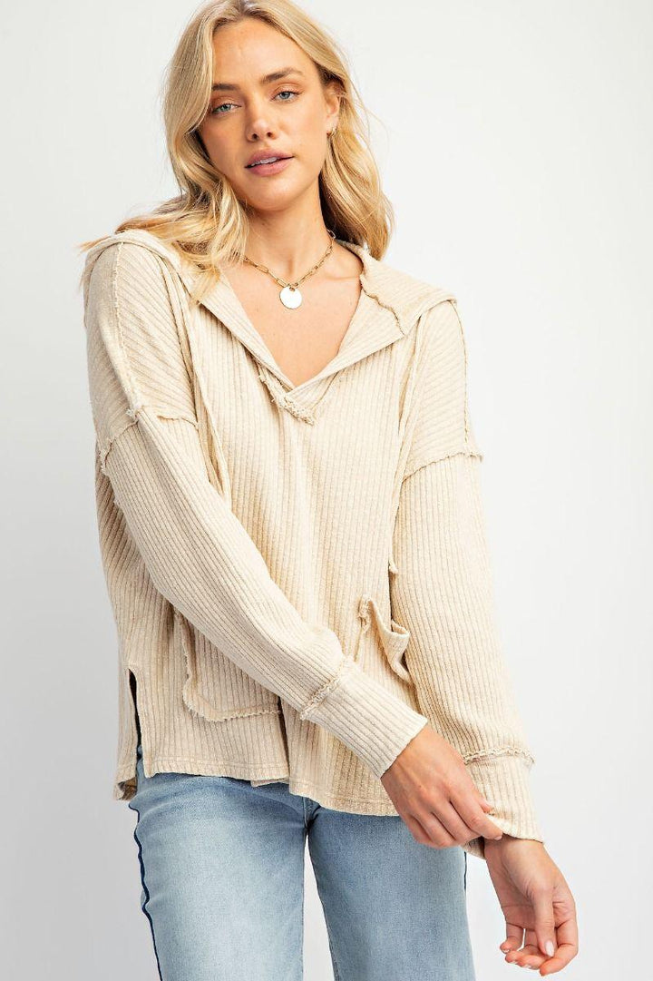 EASEL Stripe Multi Detail Sweatshirt - KHAKI on Simply Obsessed