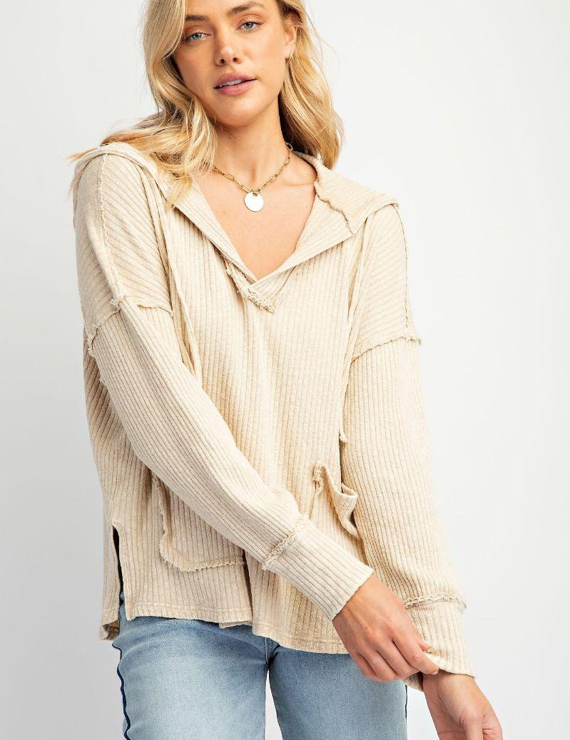EASEL Stripe Multi Detail Sweatshirt - KHAKI on Simply Obsessed
