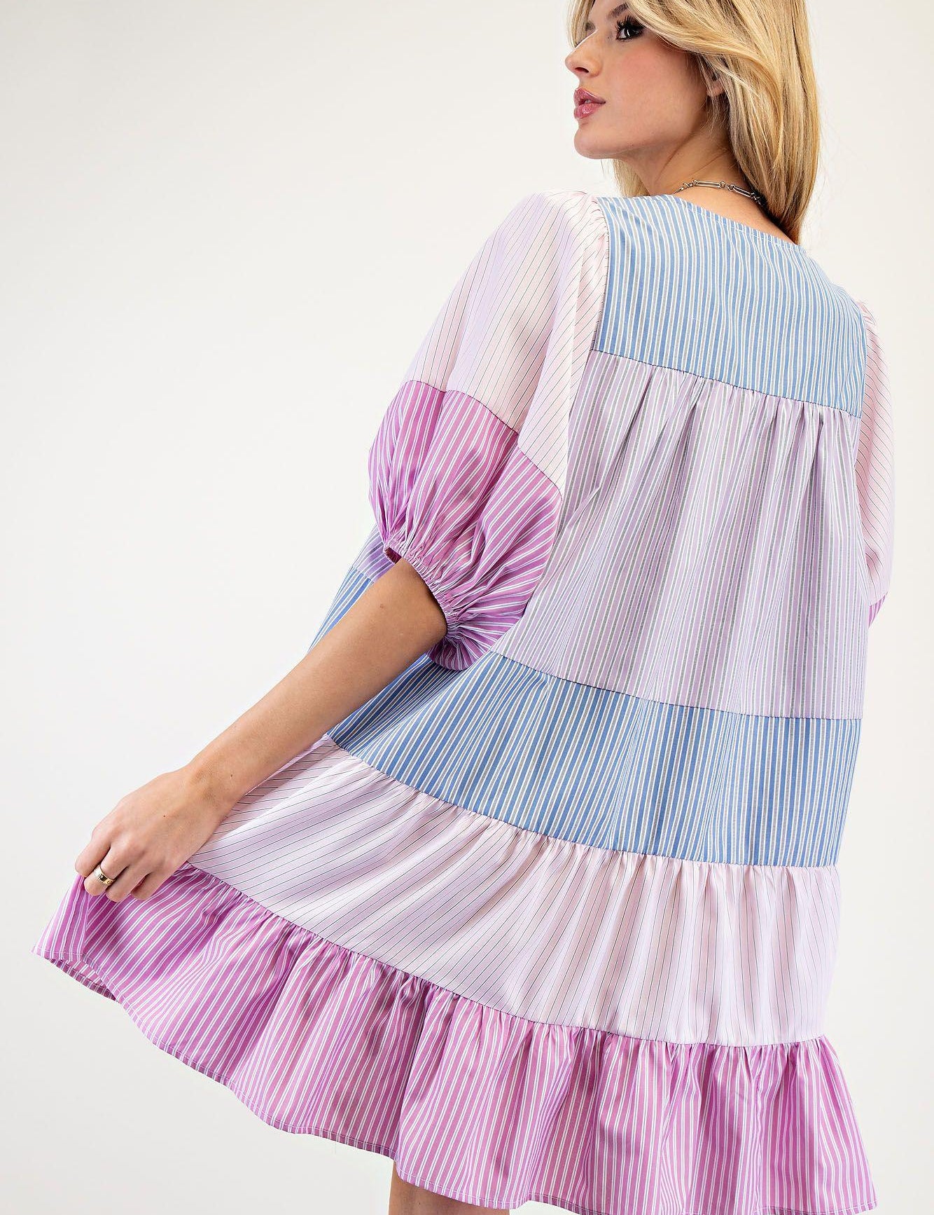 EASEL Striped Color Block Tiered Woven Dress - PINK on Simply Obsessed