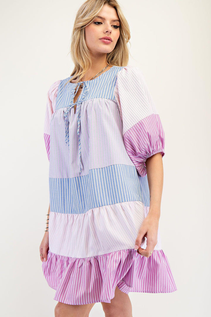 EASEL Striped Color Block Tiered Woven Dress - PINK on Simply Obsessed