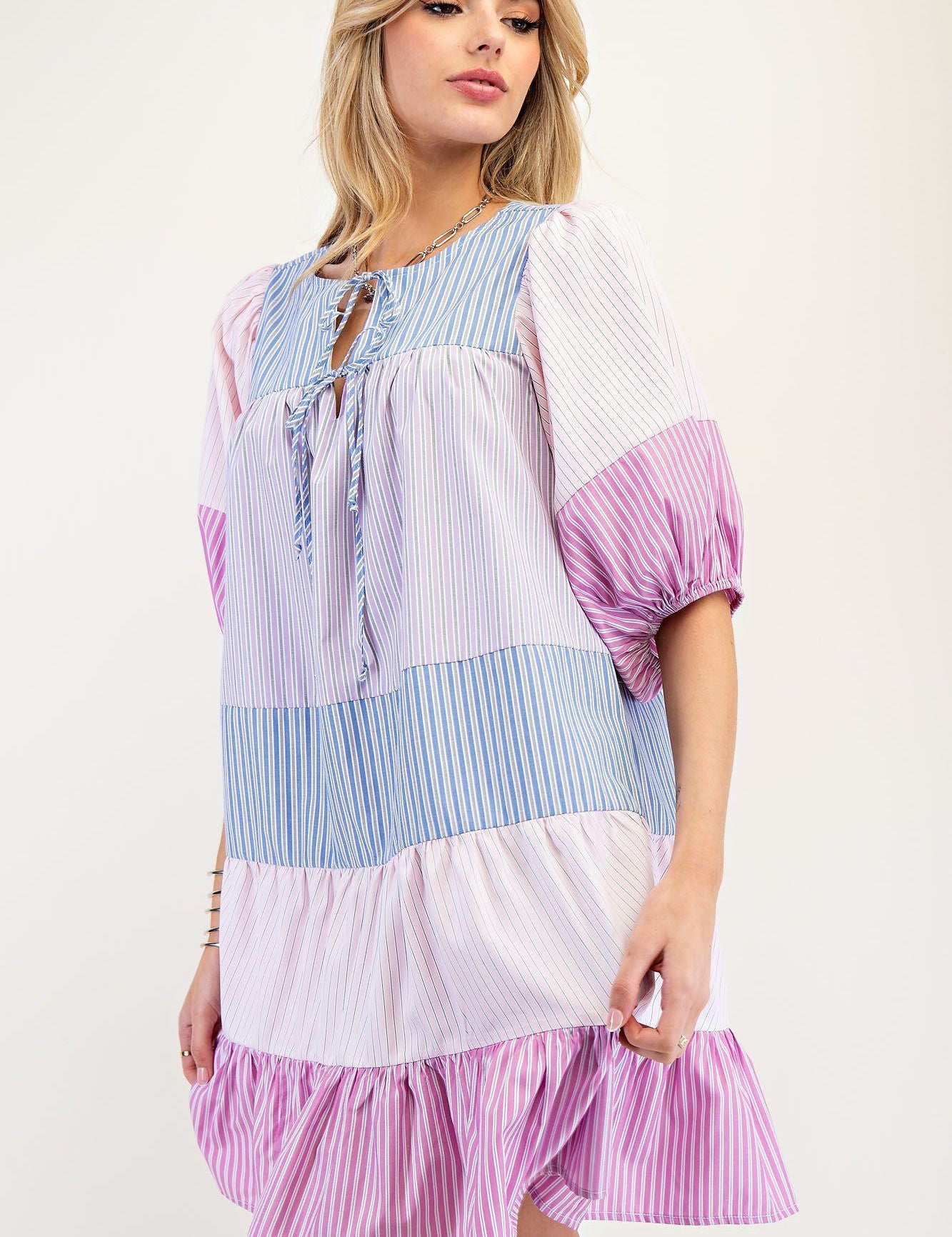 EASEL Striped Color Block Tiered Woven Dress - PINK on Simply Obsessed
