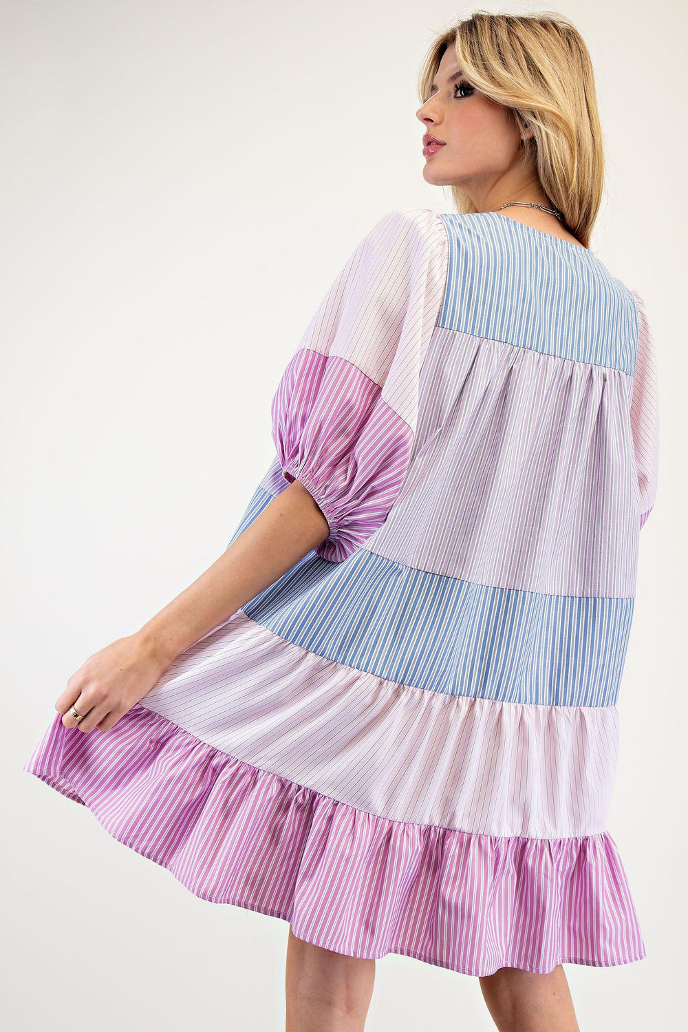 EASEL Striped Color Block Tiered Woven Dress - PINK on Simply Obsessed