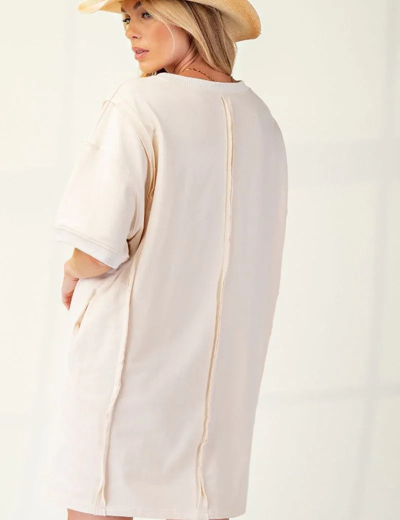 EASEL Terry Knit Patch T-Shirt Dress - ECRU on Simply Obsessed
