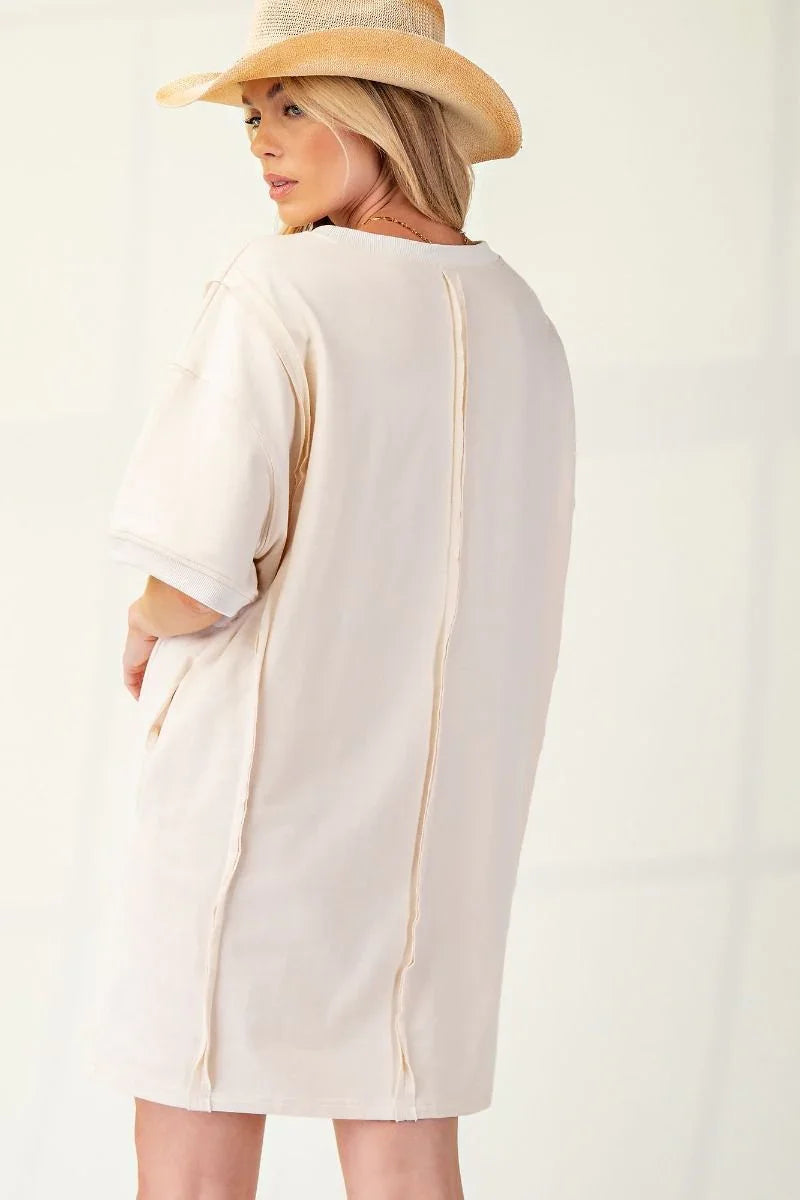EASEL Terry Knit Patch T-Shirt Dress - ECRU on Simply Obsessed