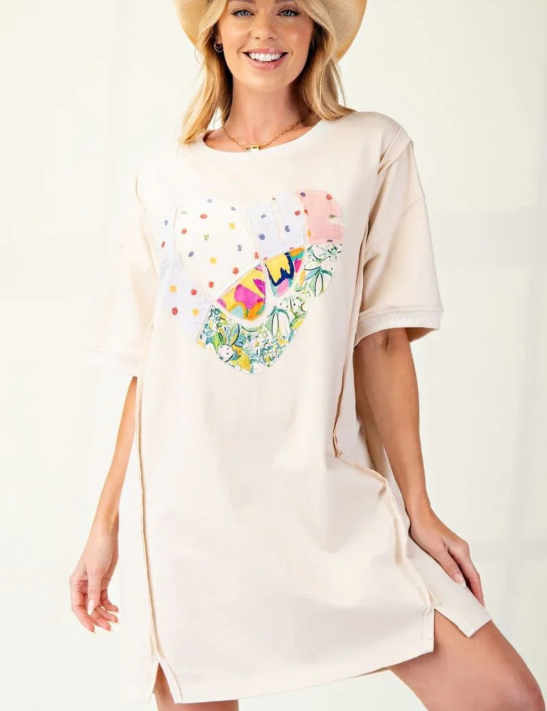EASEL Terry Knit Patch T-Shirt Dress - ECRU on Simply Obsessed
