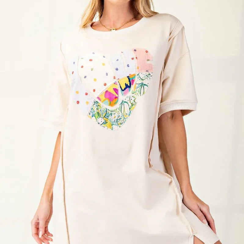 EASEL Terry Knit Patch T-Shirt Dress - ECRU on Simply Obsessed