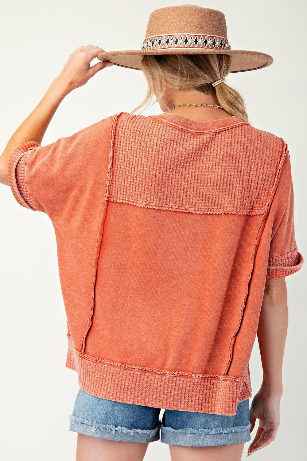 EASEL Thermal Terry Knit Mix Top - BOHO RED on Simply Obsessed