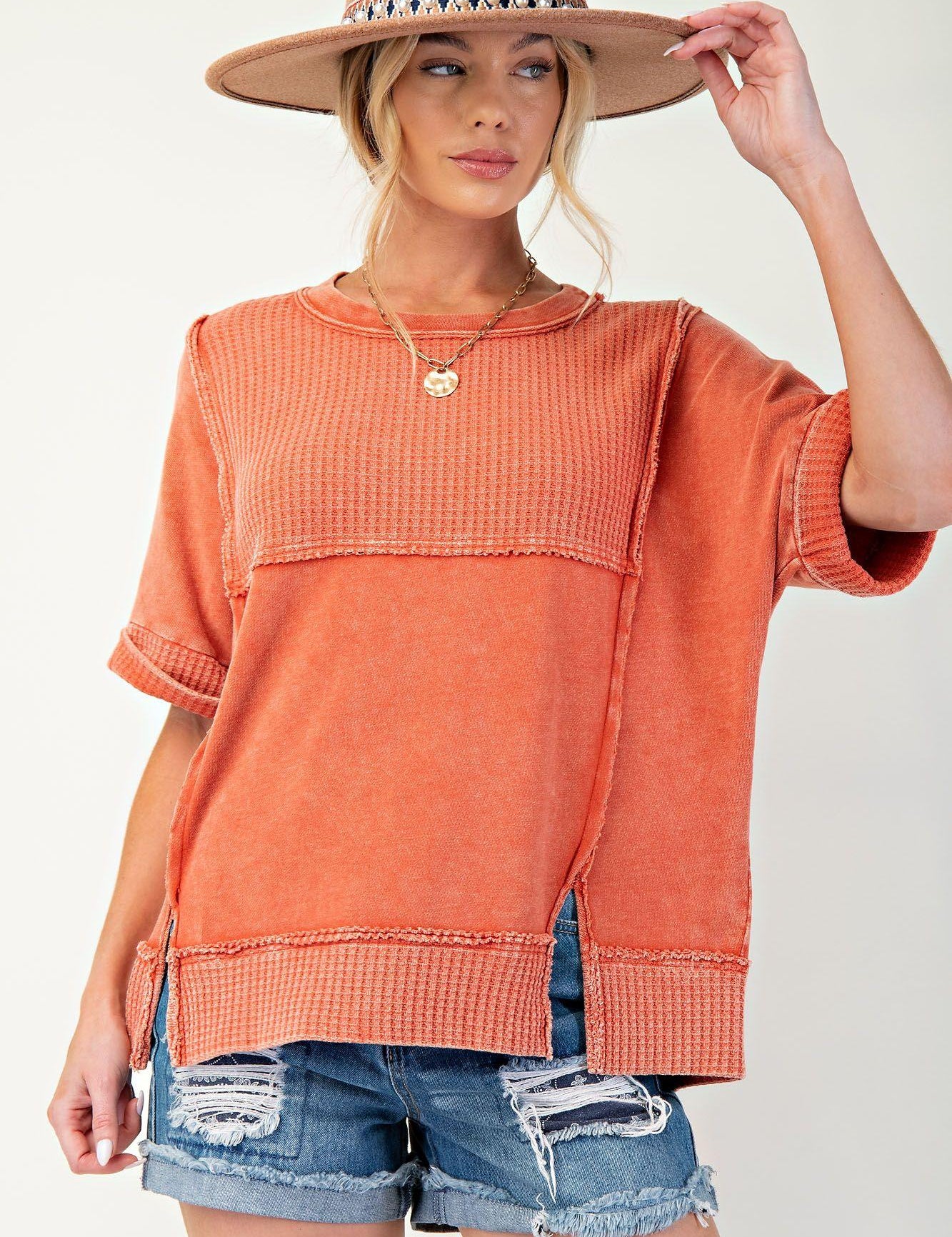 EASEL Thermal Terry Knit Mix Top - BOHO RED on Simply Obsessed