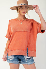 EASEL Thermal Terry Knit Mix Top - BOHO RED on Simply Obsessed