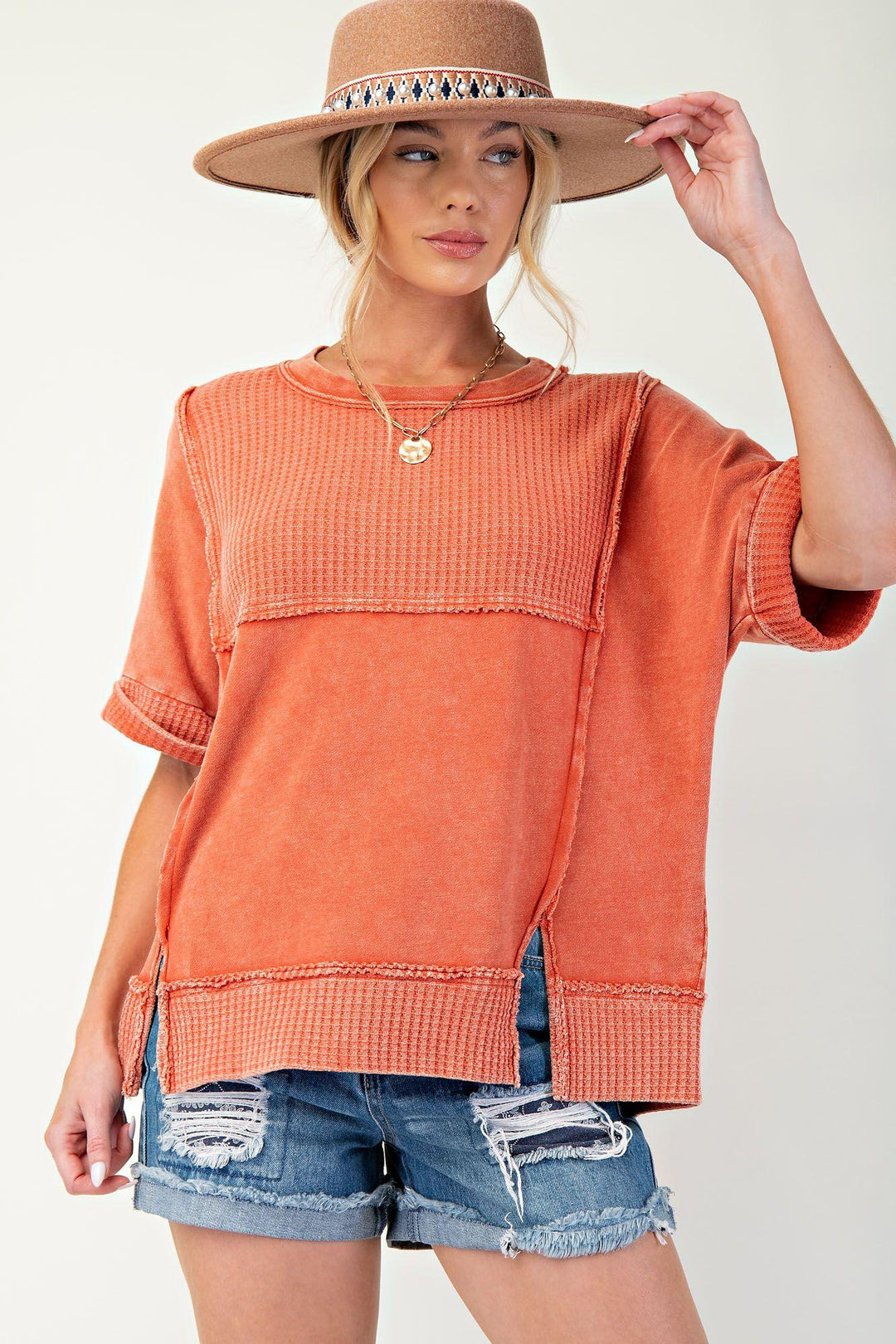 EASEL Thermal Terry Knit Mix Top - BOHO RED on Simply Obsessed