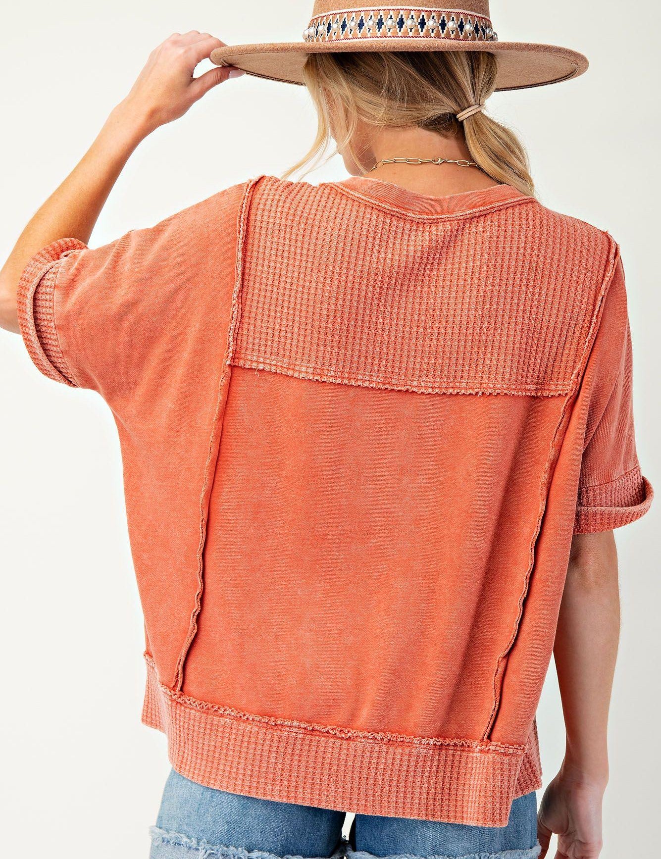 EASEL Thermal Terry Knit Mix Top - BOHO RED on Simply Obsessed