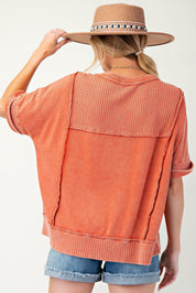 EASEL Thermal Terry Knit Mix Top - BOHO RED on Simply Obsessed